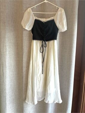 White and Black Puff Sleeve Midi Dress with Corset Bodice